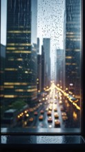 AI generated raindrops tracing paths down a large window with illuminated cityscape in background