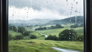 AI generated raindrops tracing paths down a large window with green hills in background out of