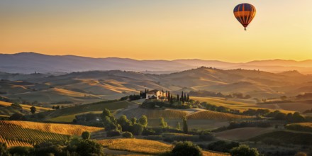 Hot air balloon drifting above undulating tuscan hills in sunsets golden light, AI generated