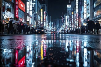 Tokyo streets at night with water puddles reflecting a neon glow and bustling crowd, AI generated