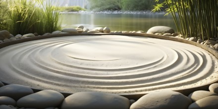 Zen garden bathed in the soft glow of dawn as a serene symbol for relaxation, AI generated