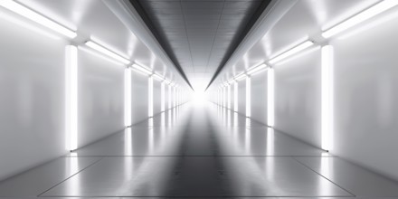 Futuristic long white hallway with lamps. Generative AI, AI generated