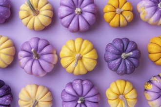 Op view of yellow and purple pumpkins on pastel blue background, Generative Ai, AI generated