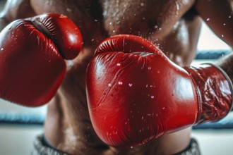 Close up of two red boxing gloves worn by man. Generative Ai, AI generated