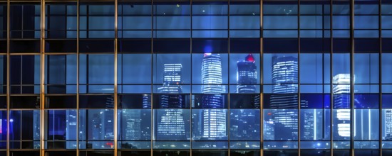 Glass surface facade mirroring an iconic skyline in evening light, AI generated