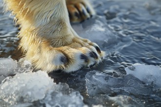 Close up of polar bear's paw staning on melting ice. Generative Ai, AI generated