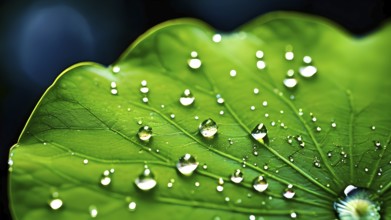 Close up of a lotus leaf showcasing its hydrophobic tendencies repelling water droplets, AI