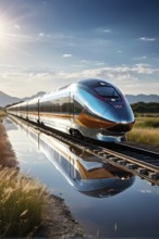 High speed train with an aerodynamic nose modeled after the beak of a kingfisher, AI generated