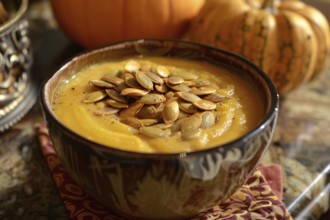 Bowl with creamy pumpkin soup with seeds. Generative Ai, AI generated