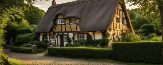 Traditional half timbered house nestled within the heart of a picturesque village in golden hour