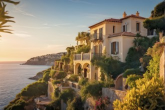 Mediterranean house in an idyllic coastal village bathed in golden hour light, AI generated