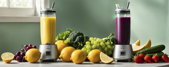 Smoothie surrounded by an assortment of fruits and vegetables, AI generated