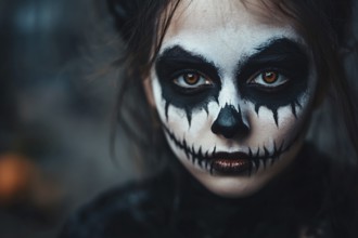 Close up of woman's face with creepy skull Halloween costume makeup. Generative Ai, AI generated