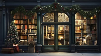 Ornate holiday window display of a cozy bookstore, AI generated