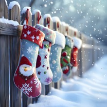 Row of Christmas stockings hanging from a snow-covered wooden fence, with delicate frost patterns