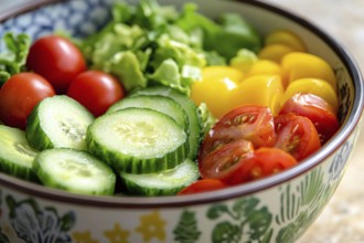 Helathy raw salad with tomatoes, cucumber and lettuce. Generative Ai, AI generated