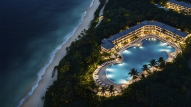 Aerial view of real estate beach resort at the Caribbean coast at night, AI generated