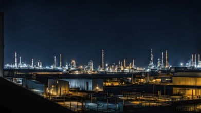 Panoramic view of an industrial area at night, AI generated