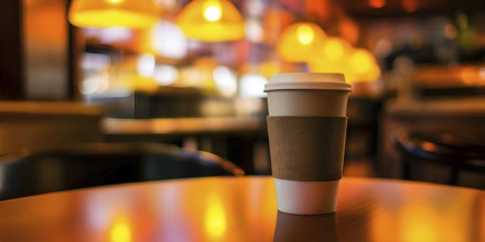 Coffee cup on a wooden table in a warmly lit cafe in blurred background, AI generated