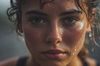 Portrait of sweating woman after workout, AI generated