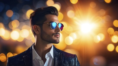 Man with sun glasses standing against sparkling bokeh lights at night, AI generated