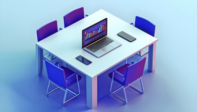 Three dimensional render of meeting table with laptop, AI generated