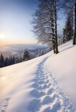 Footprints in fresh snow on a hill with a row of trees in winter in golden sunrise light, AI