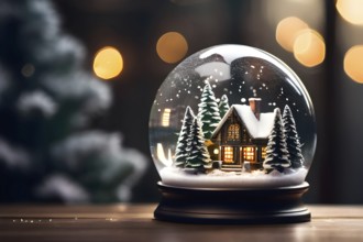 Winter Wonderland in Glass Ball Snow Globe on table and blurred bokeh background, AI generated