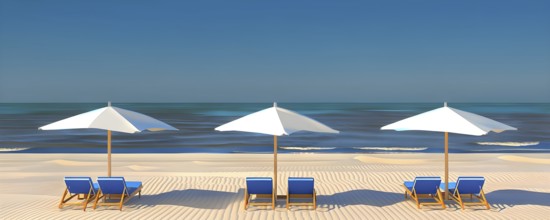 Three dimensional render of deck chair and beach umbrellas on deserted beach in summer, AI