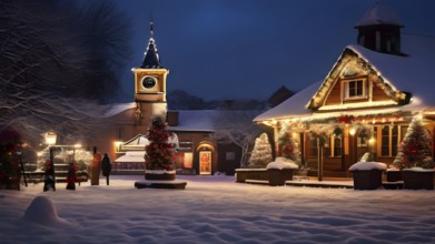 Charming village square decorated for the holidays, with snow-covered rooftops and strings of