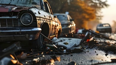 Close-up of damaged car wrecks after a road accident, AI generated