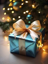 Close-up of a beautifully wrapped Christmas gift with a satin ribbon, set under a glowing Christmas