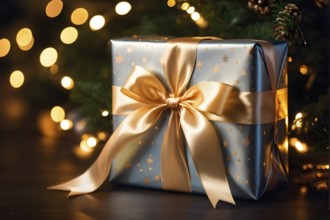 Close-up of a beautifully wrapped Christmas gift with a satin ribbon, set under a glowing Christmas