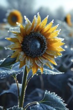 Detailed close-up of frost patterns on sunflowers on a meadow, AI generated