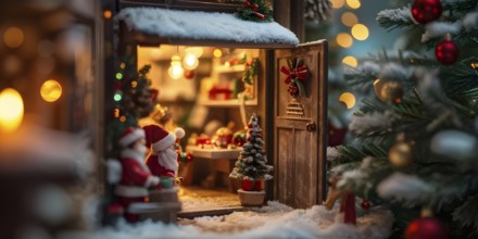 Traditional advent calendar door opening, showing a tiny festive scene inside with miniature