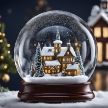 Snow globe with a tiny festive village inside, capturing the swirling snow and the light