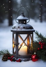 Rustic lantern with a flickering candle inside, surrounded by sprigs of pine and red berries,