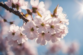 Blooming cherry blossoms with soft pink petals against a clear blue sky, with delicate sunlight