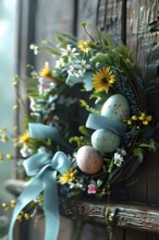 Spring wreath with pastel ribbons, speckled eggs, and blooming flowers, hanging on a wooden