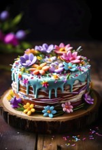 Decorated Easter cake with intricate icing flowers and colorful sprinkles, placed on a rustic