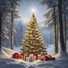 Peaceful and serene Christmas scene with a decorated Christmas tree with gifts presents and a cute