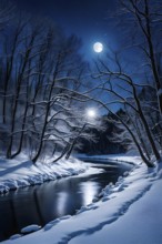 Serene winter night scene of a frozen river winding through a forest in moonlight, AI generated