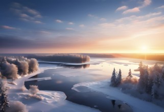 Serene winter landscape at sunrise with snow-covered trees and a frozen lake, AI generated