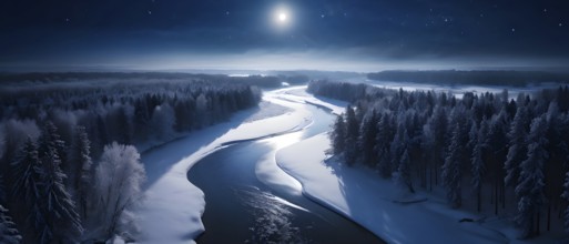 Serene winter night scene of a frozen river winding through a forest in moonlight, AI generated