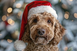 Cute Poodle dog with red santa hat in front of christmas tree. Generative Ai, AI generated