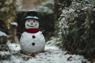 Snowman with carrot nose, scarf and top hat in garden covered in snow in winter. Generative Ai, AI