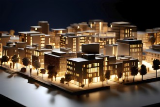 Modern architectural model crafted from polished wood bathed in soft diffuse light, AI generated