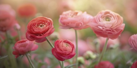 Beautiful pastel pink Ranunculus flowers on blurry background. KI generiert, generiert, AI