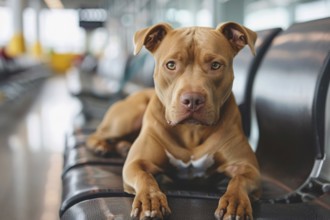 Traveling with a Pit Bull terrier. Dog with luggage in background at airport. KI generiert,