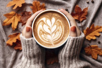 Woman's hands in sweater holding cup of coffee with latte art surrounded by autumn leaves. KI